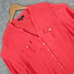 Notations Woman Size 3X Coral V-Neck Roll Tab Sleeve‎ Blouse with Lace Button Up